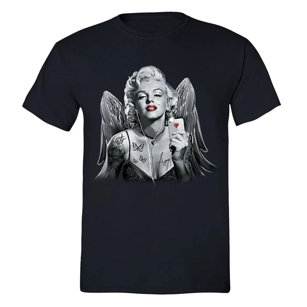 Mens Marilyn Monroe Angel Tee Selfie Cell Phone Tattoo Heart Love Red Lips Gift